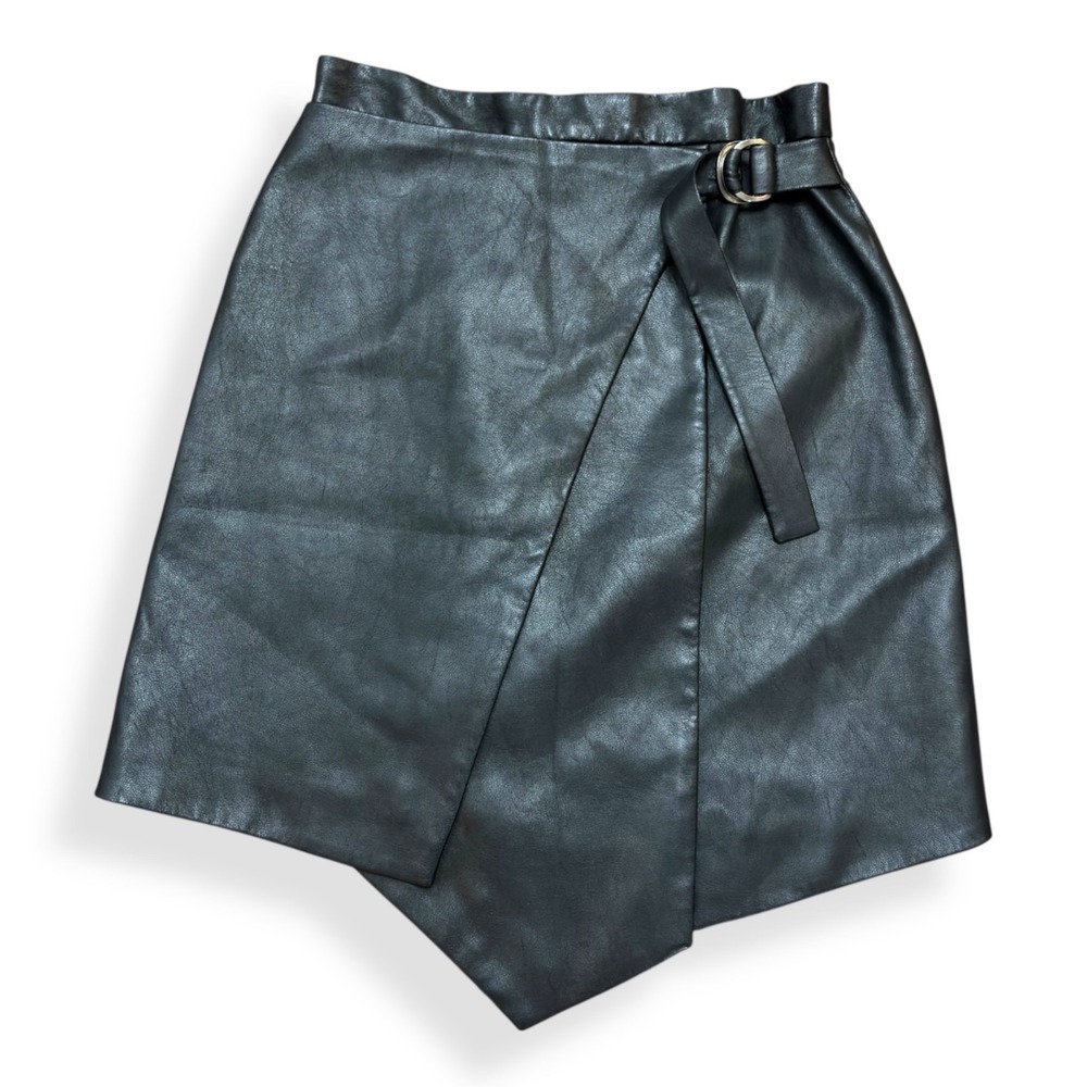 LIST BCBGMAXAZRIA Asymmetric Black Vegan Leather Wrap Skirt With Belt Accent Siz